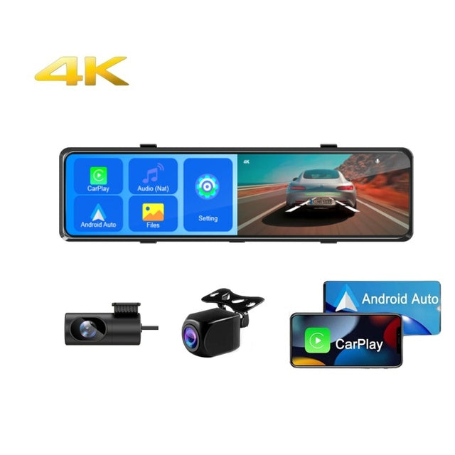 12" 4K Smart Rearview Mirror Dash Cam - Wireless CarPlay & Android Auto