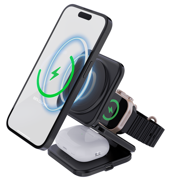 Foldable 3-in-1 Magnetic Charging Station - MagSafe Travel Charger for iPhone & Watch